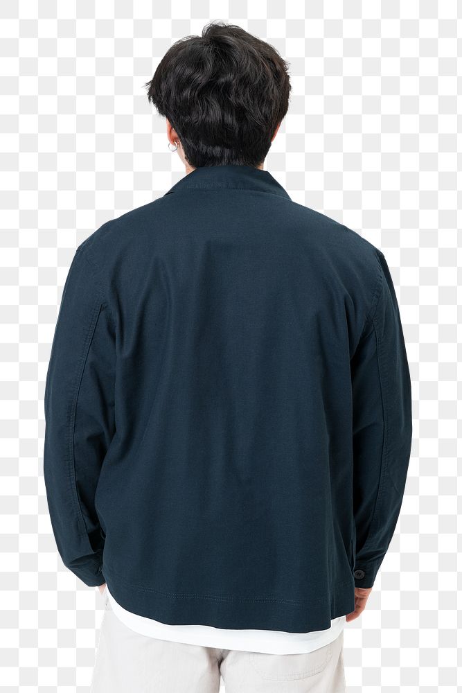 Png man mockup in navy simple jacket on transparent background rear view