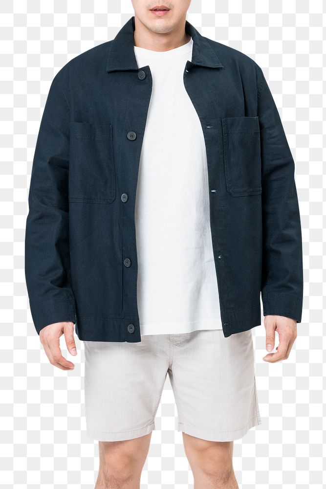 Man png mockup in navy jacket and shorts casual fashion