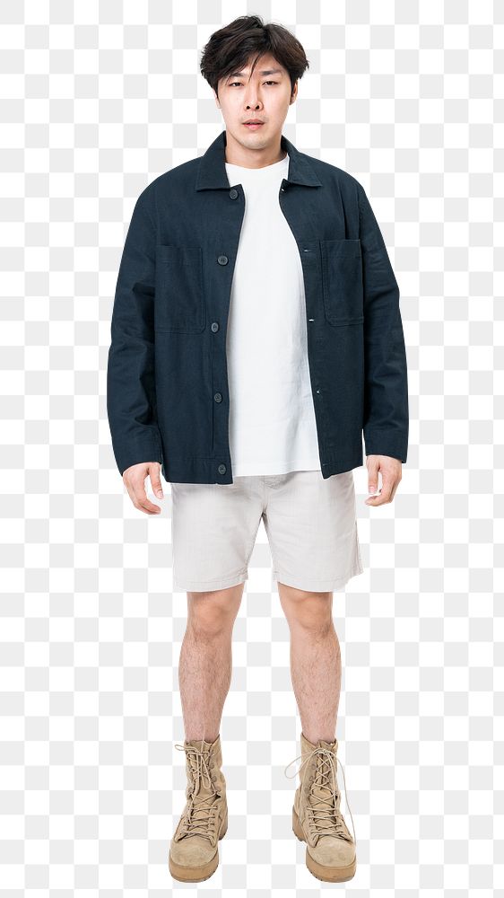 Man png mockup in navy jacket and shorts casual fashion full body