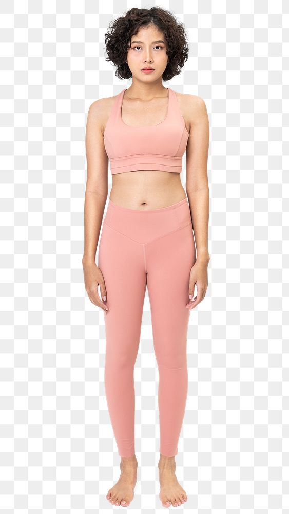 Woman png mockup in pink sports bra and leggings sportswear fashion set