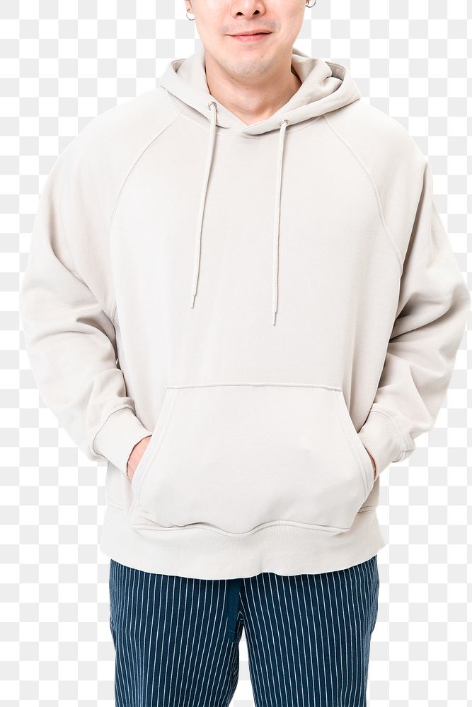 Png man wearing beige hoodie for winter apparel shoot