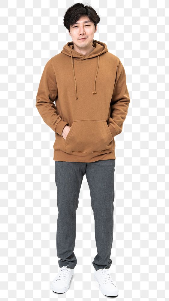 Man png mockup in brown hoodie street fashion full body
