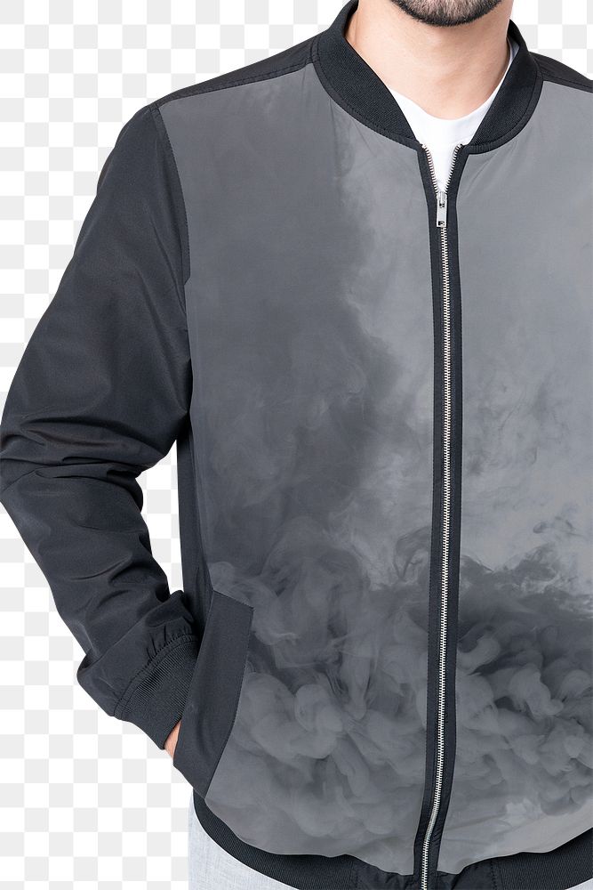 Png man mockup in smoke graphic black jacket close up