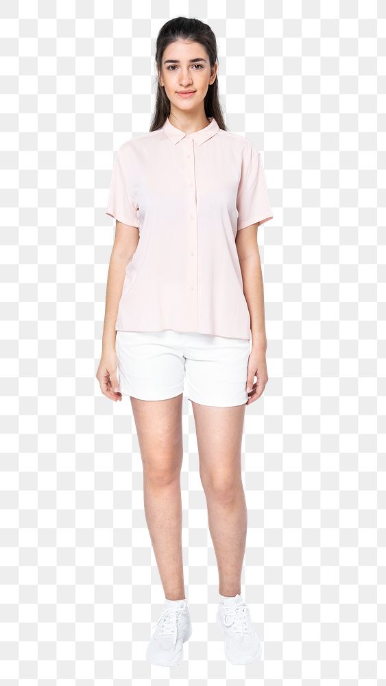 Woman png mockup in pink shirt and shorts casual apparel full body