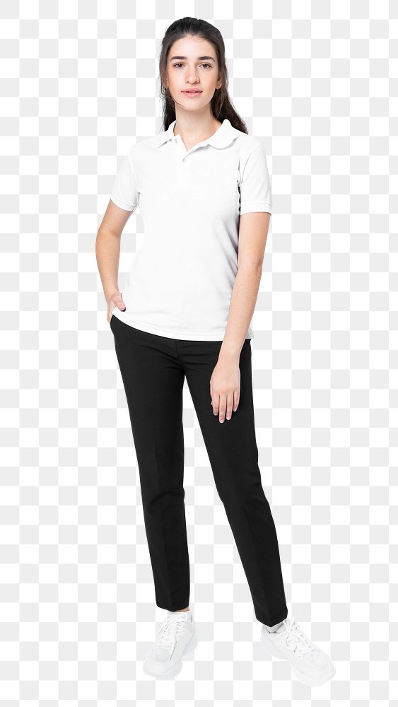 Png polo shirt mockup in white women&rsquo;s casual business wear full body