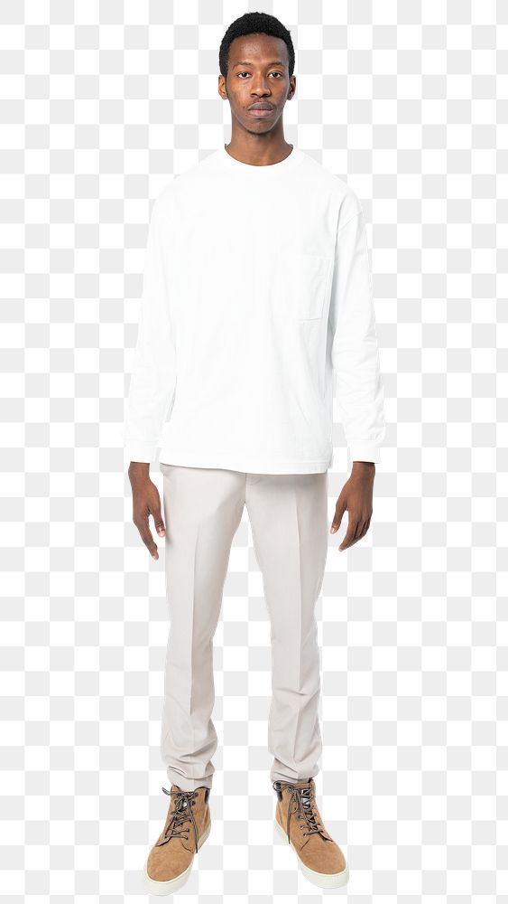 Man png mockup in white sweater and pants sitting on a chair street fashion full body