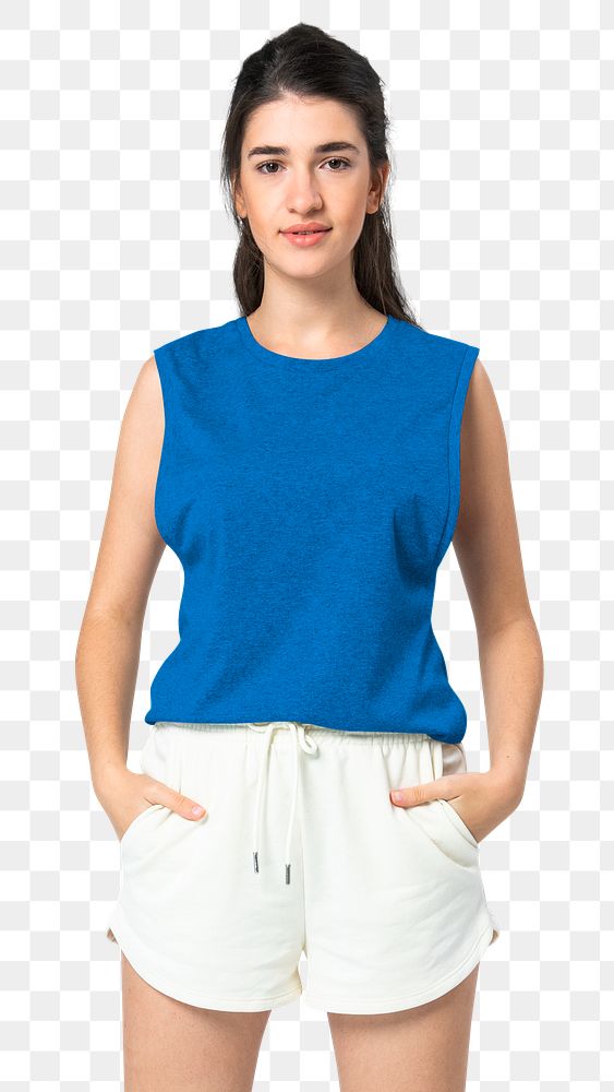 Png tank top mockup blue women&rsquo;s activewear apparel full body
