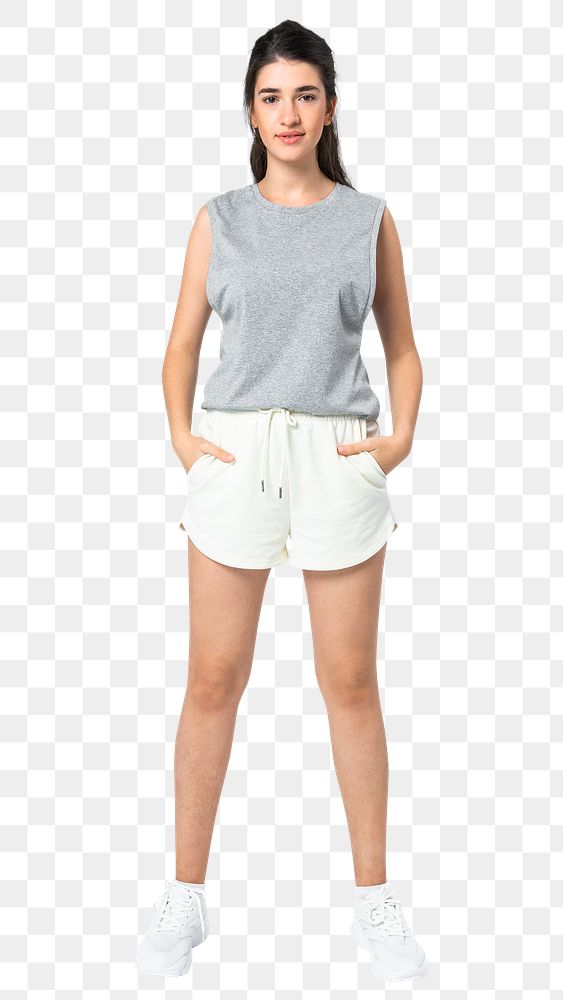 Woman png mockup in gray tank top activewear apparel full body