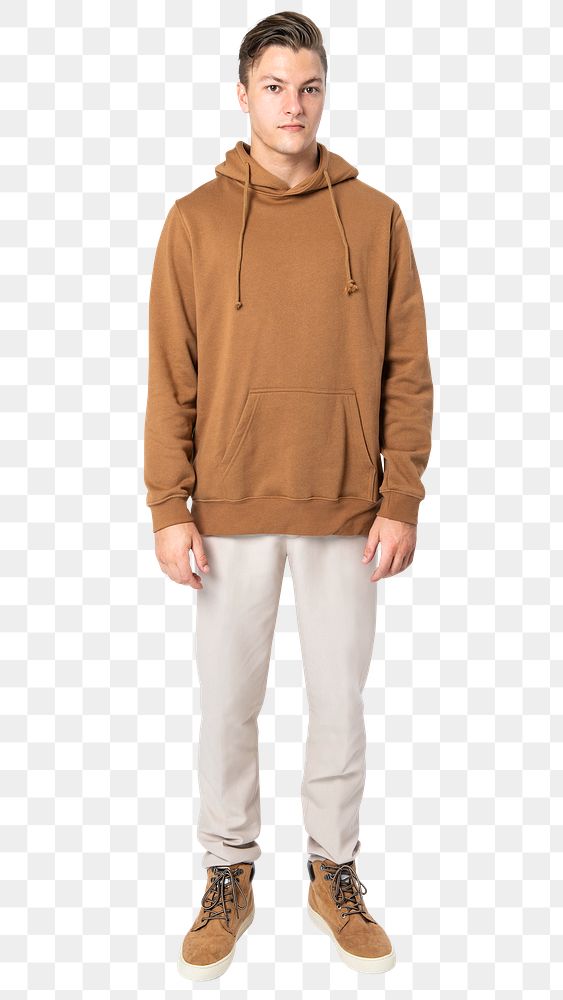 Man png mockup in brown hoodie street fashion full body