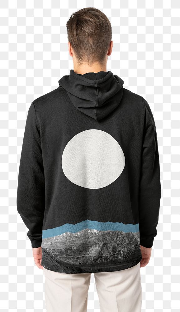 Png man wearing printed hoodie for winter apparel shoot