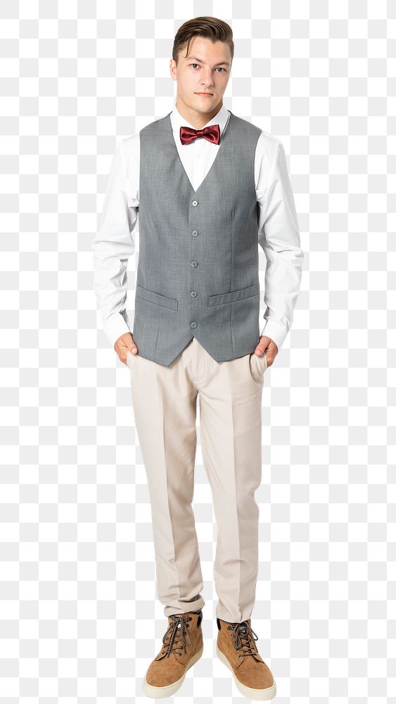 Man png mockup in gray vest suit and bow tie men&rsquo;s formal attire full body