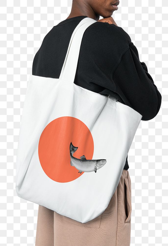 Png man mockup carrying white tote bag with Japanese theme