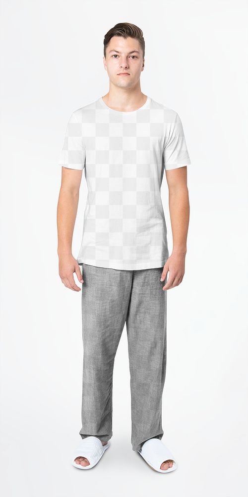 Man png mockup transparent t-shirt and pants sleepwear apparel full body