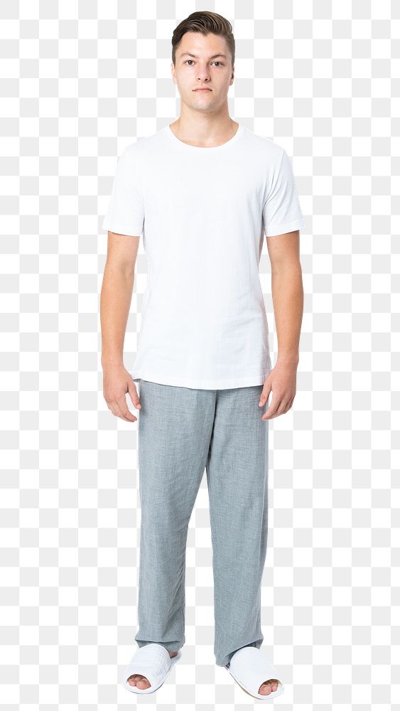 Man png mockup in white t-shirt and pants sleepwear apparel full body