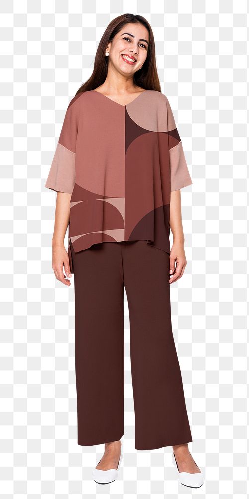Outfits png mockup on woman in printed t-shirt and burgundy pants