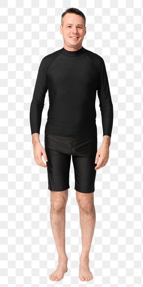 Png man mockup in black rash guard and compression shorts men&rsquo;s swimwear