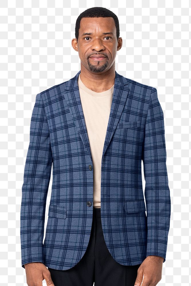 Png plaid blazer mockup on African American man with transparent background