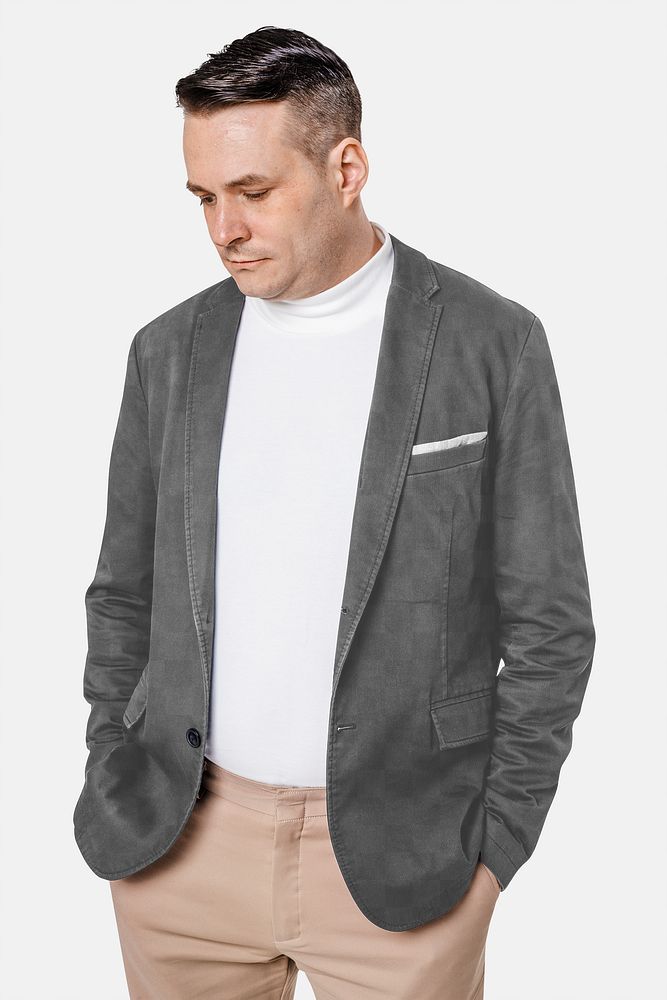 Png turtleneck mockup on a man wearing dark blue blazer 