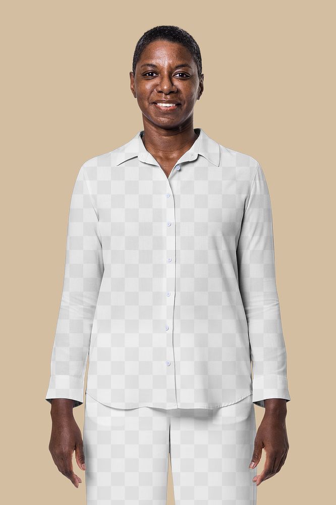 Png long-sleeve shirt mockup on African American woman apparel 