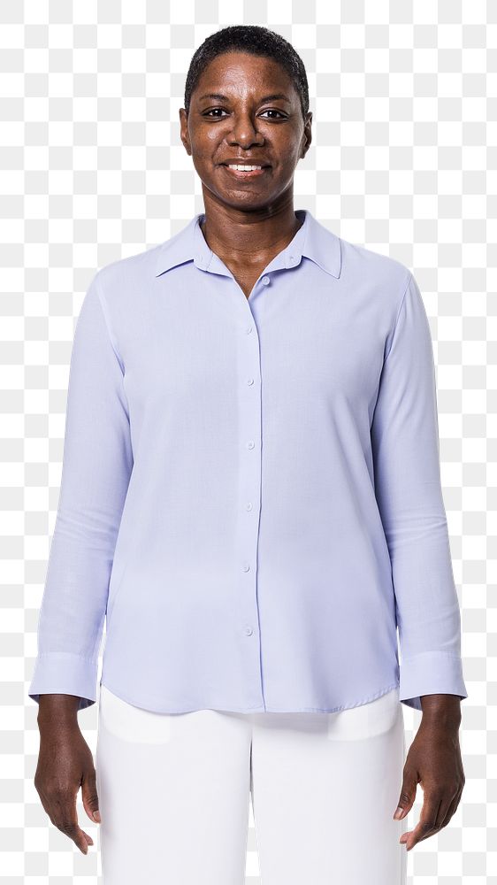 Png long-sleeve shirt mockup on African American woman apparel with transparent background