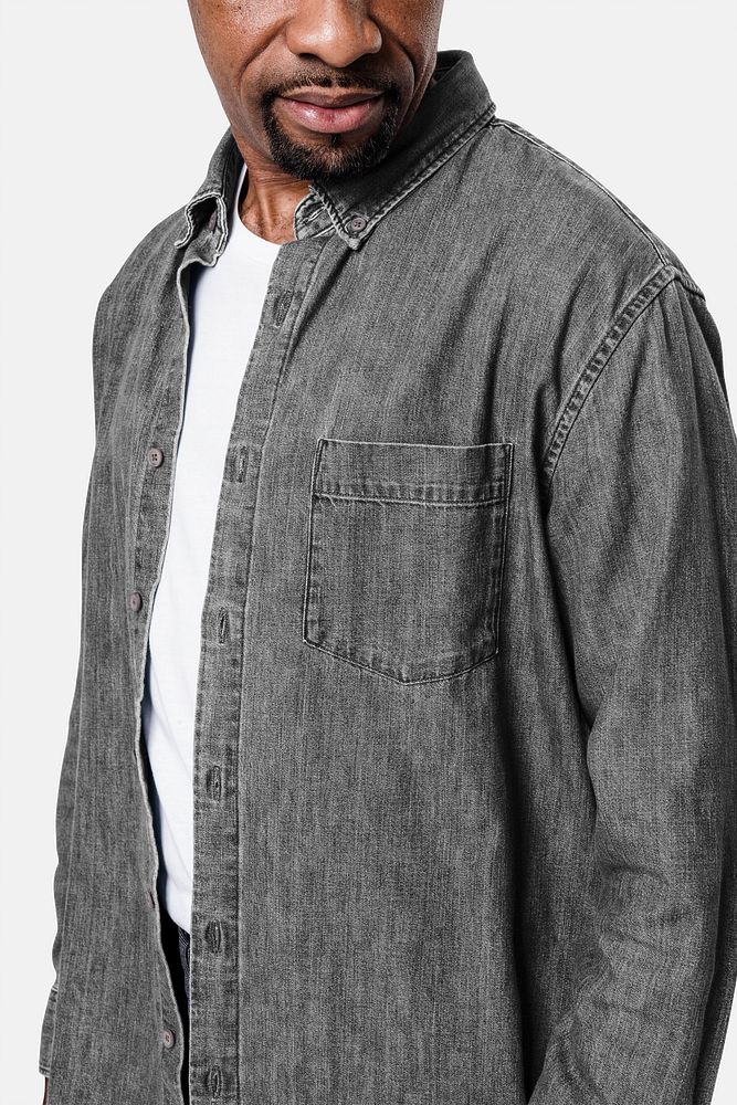 Png denim long-sleeve shirts mockup mockup on African American man