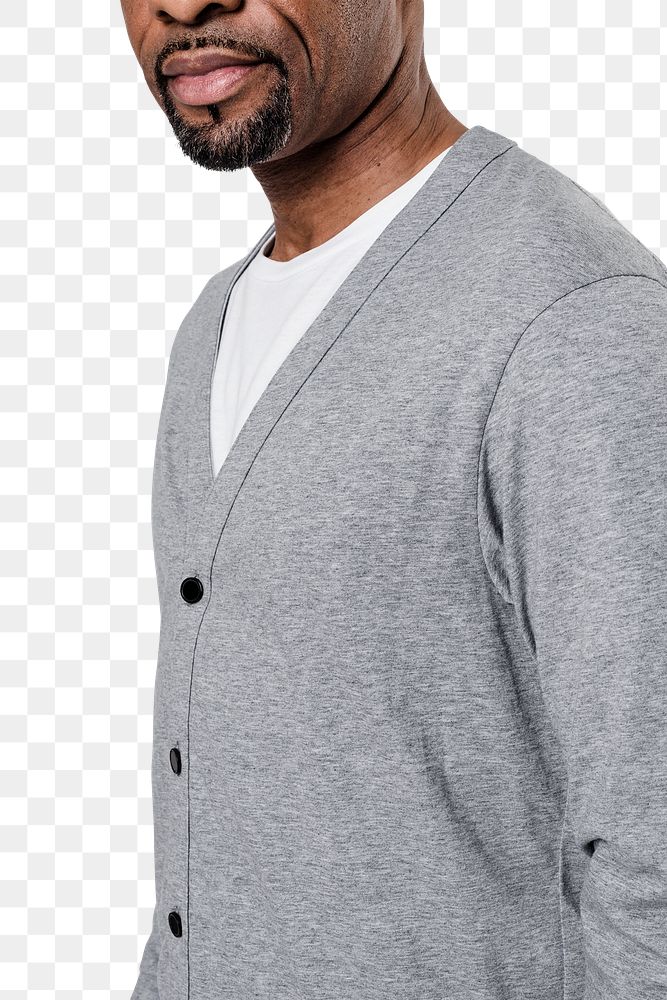Png gray cardigan mockup on African American man close-up