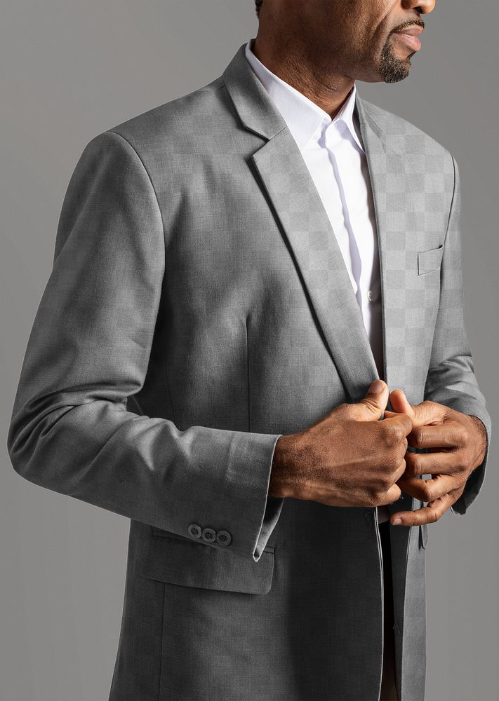 Png gray suit mockup on African American man close-up 