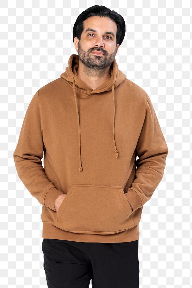 Png brown hoodie mockup worn by an indian man on transparent background