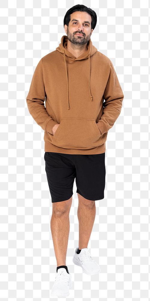 Png brown hoodie mockup transparent on Indian man