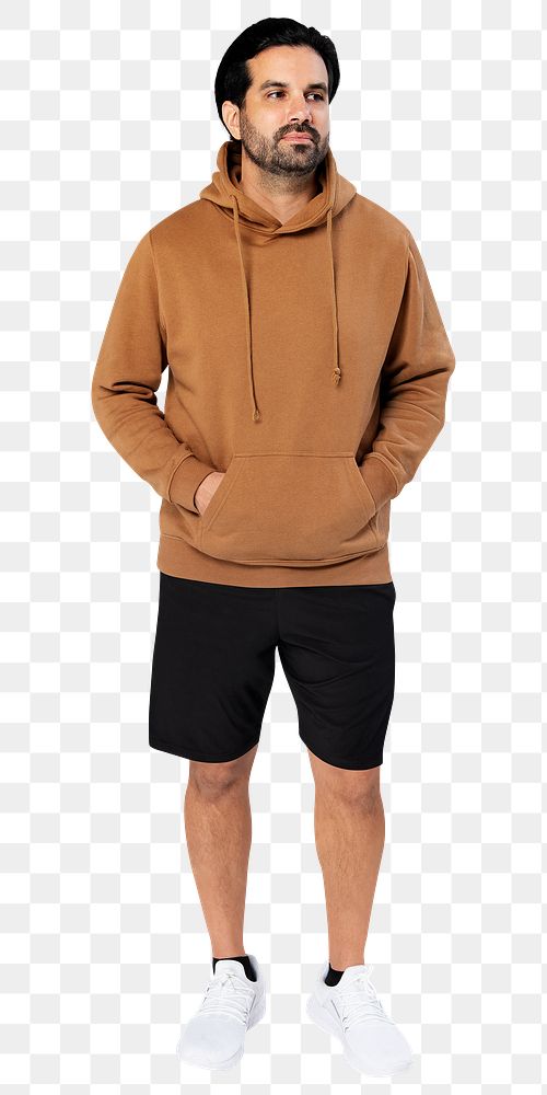 Png brown hoodie mockup transparent on Indian man