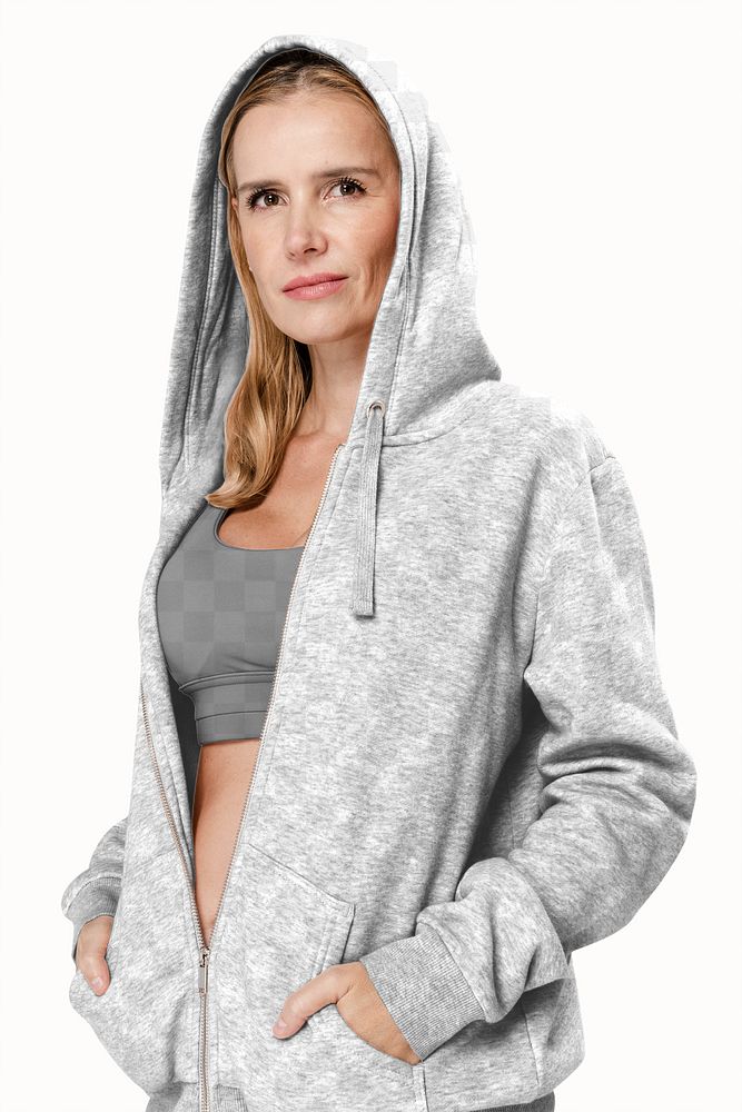 Png sports bra mockup on beautiful woman with pink hoodie 