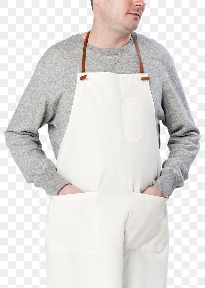 Png man mockup wearing beige apron on transparent background