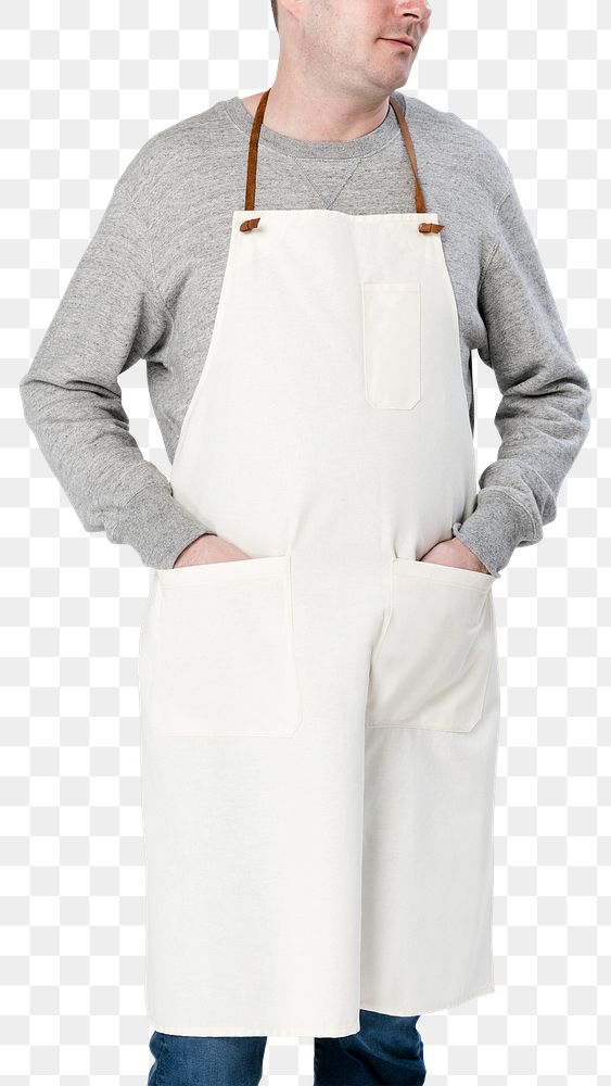 Png man mockup wearing beige apron on transparent background