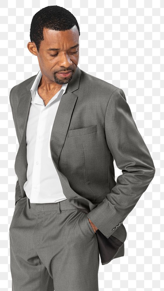 Png gray suit mockup on African American man on transparent background