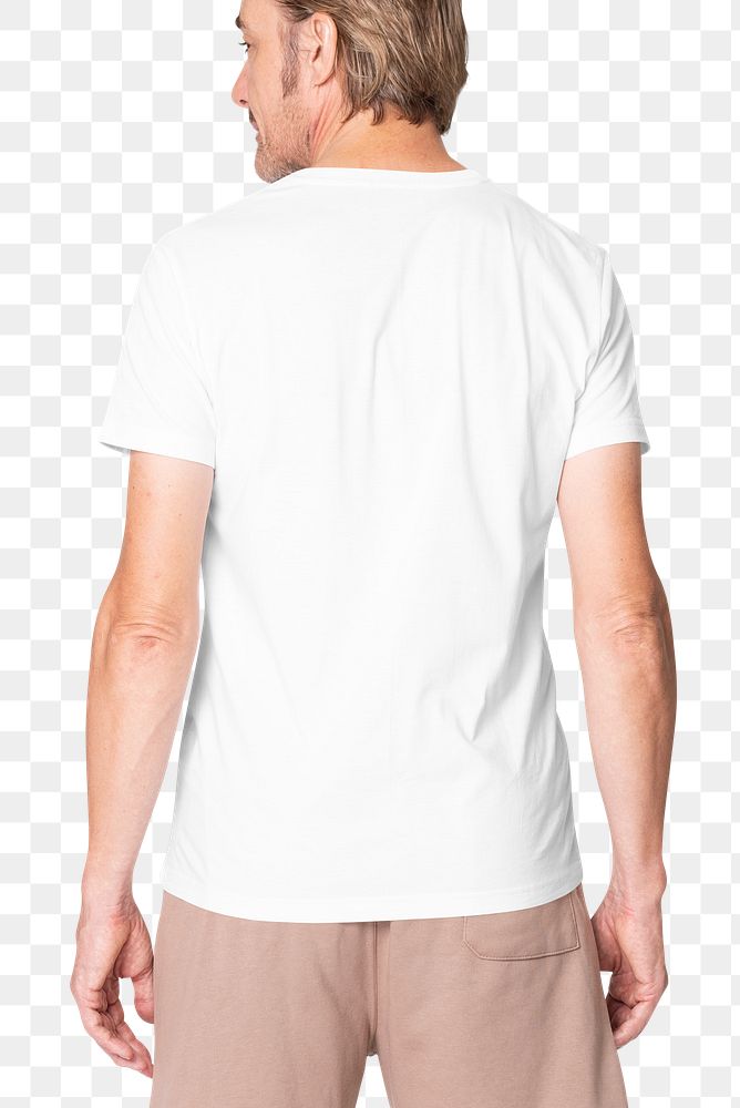 Senior man png mockup in white tee and shorts casual apparel rear view