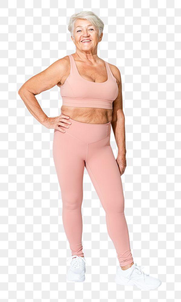 Senior woman png mockup in pink sports bra activewear apparel close up