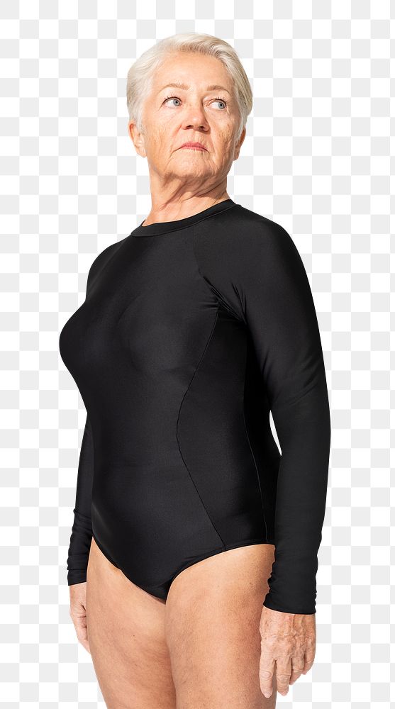 Png senior woman mockup in black surfing swimsuit summer apparel