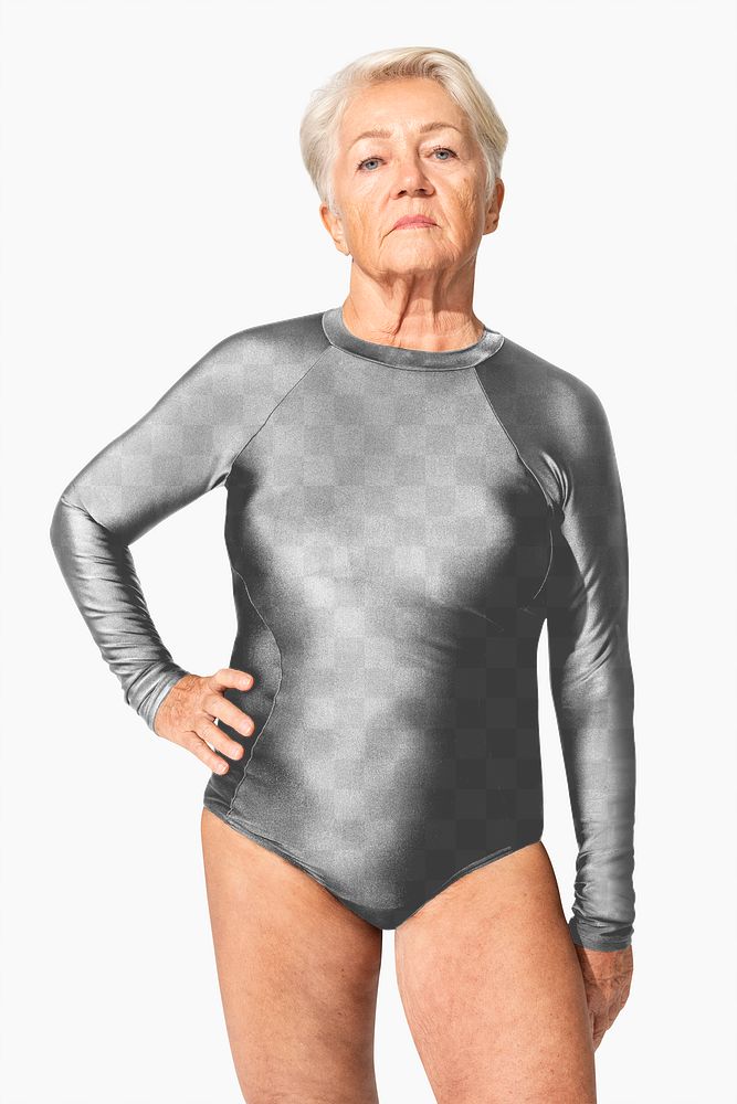 Png senior woman mockup in surfing swimsuit summer apparel
