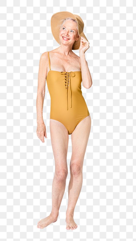Png senior woman mockup in yellow one-piece swimsuit for summer apparel 