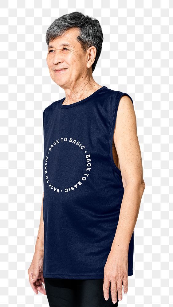 Asian man png mockup in navy tank top with back to basic quote