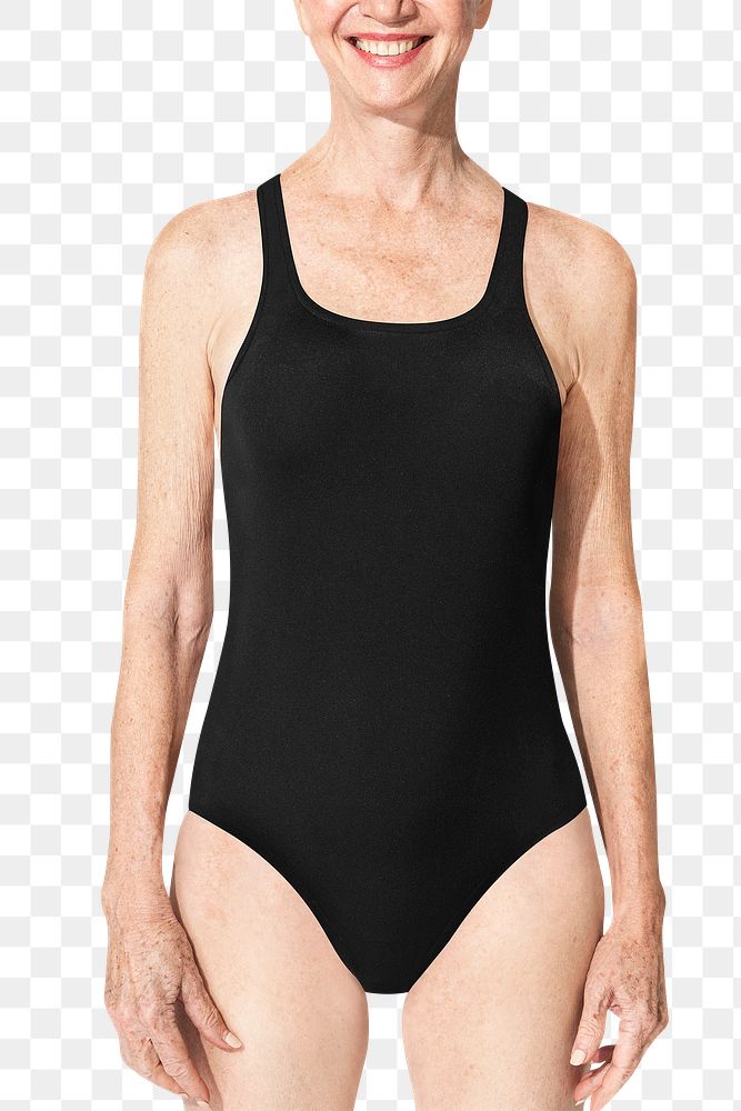 Png senior woman mockup in black one-piece swimsuit for summer apparel 