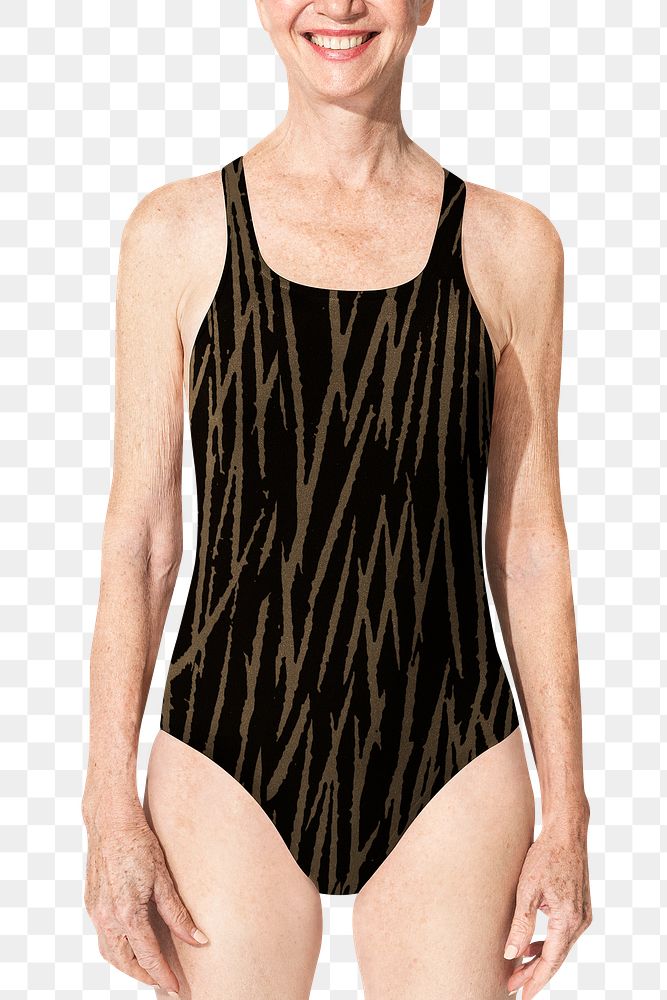 Png senior woman mockup in zig-zag pattern one-piece swimsuit for summer apparel