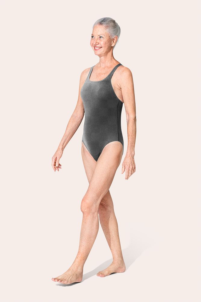 Png one-piece swimsuit mockup on senior woman for summer apparel