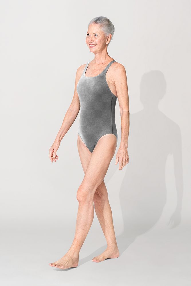 Png one-piece swimsuit mockup on senior woman for summer apparel