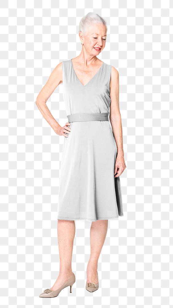 Senior woman png mockup in gray midi dress on transparent background