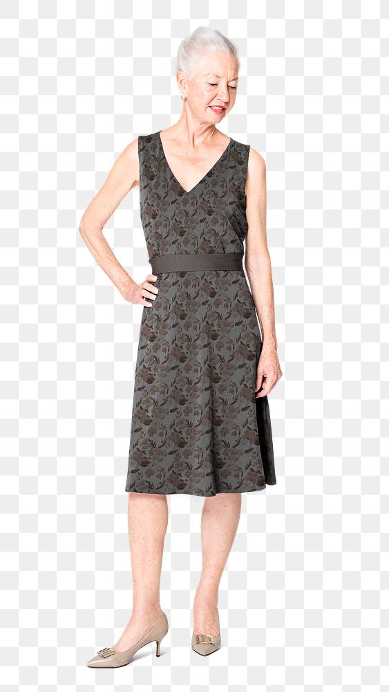 Senior woman png mockup in black floral midi dress on transparent background