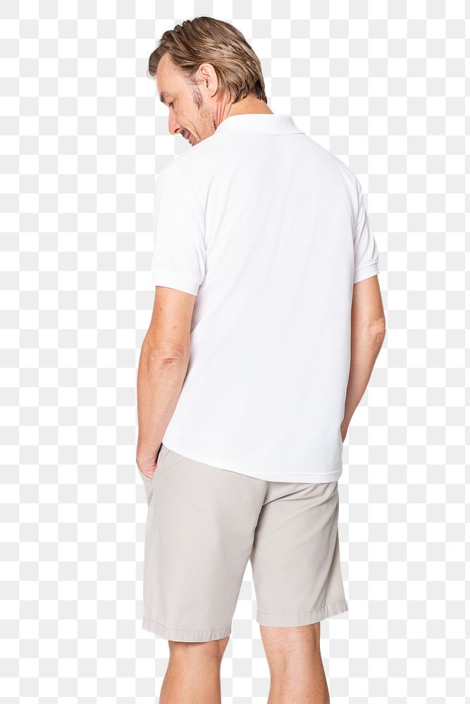 White polo shirt png mockup with mature man on transparent background rear view