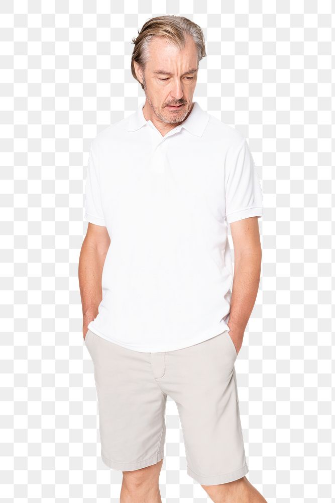 White polo shirt png mockup with mature man on transparent background