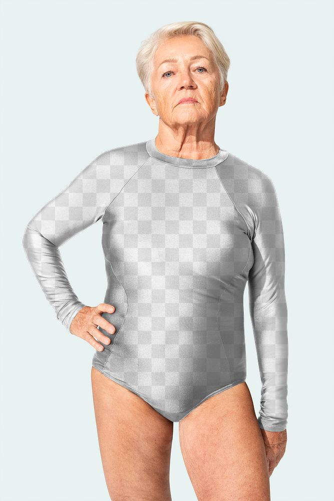 Png senior woman mockup in surfing swimsuit summer apparel