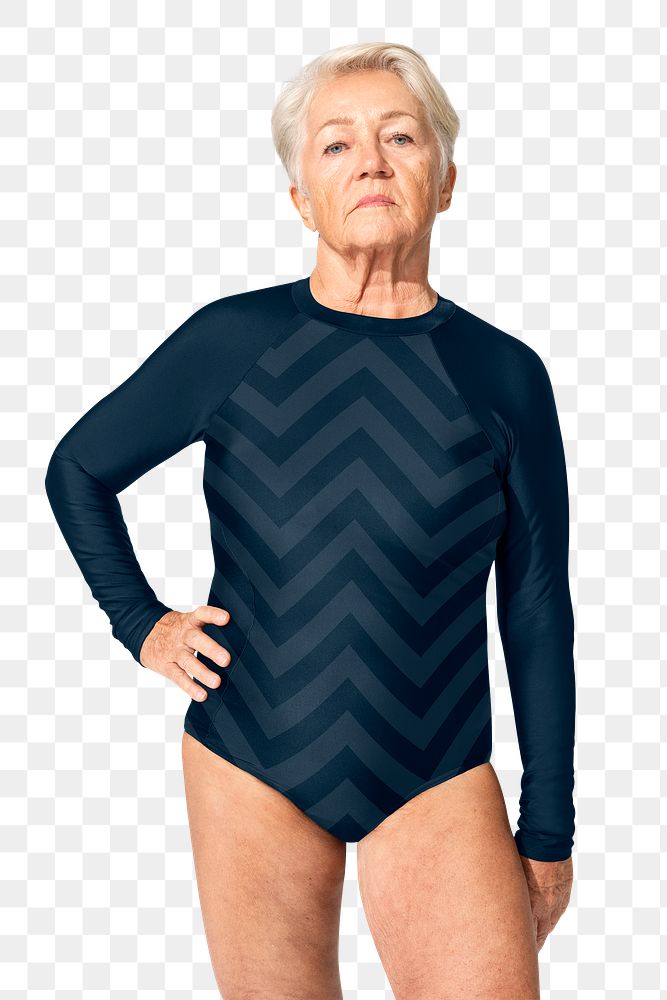 Png senior woman mockup in blue surfing swimsuit summer apparel